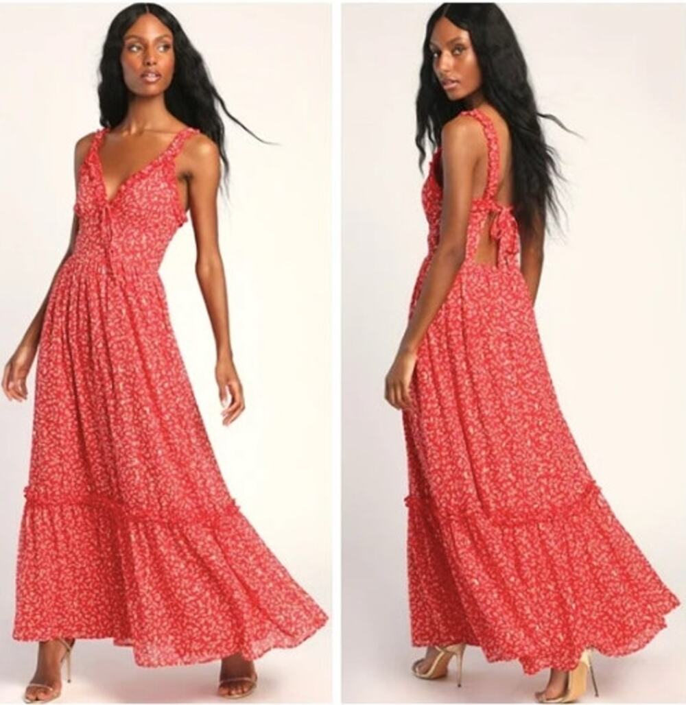 Lulus Summer Ease Red Floral Tie-Back Chiffon Maxi Dress Size S